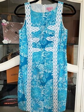 Lilly Pulitzer Turquoise and White Floral Shift Dress with Lace Inset